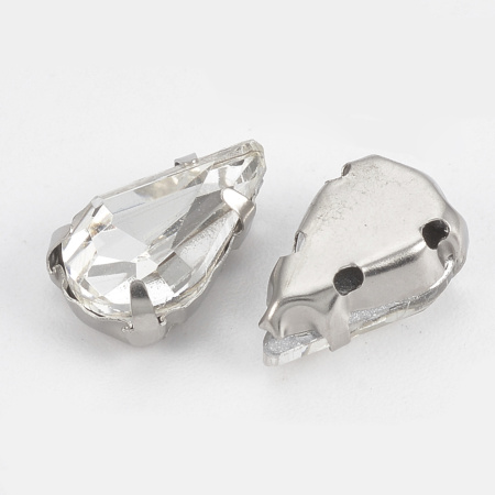 Стразы стеклянные в оправе, 13х8мм, пришивной, форма удлиненная капля, кристально-прозрачный, оправа стального цвета, 5 грамм
