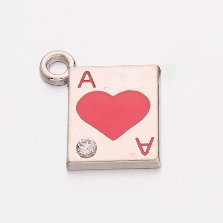 Подвеска, 27х22мм, червовый туз, базовый материал - цинковый сплав, красная эмаль, со стразами, стального цвета, 1 шт.
