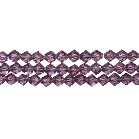Бусины стеклянные, 6мм, граненые, биконусы, фиолетовые с радужным покрытием, 48 шт., низка