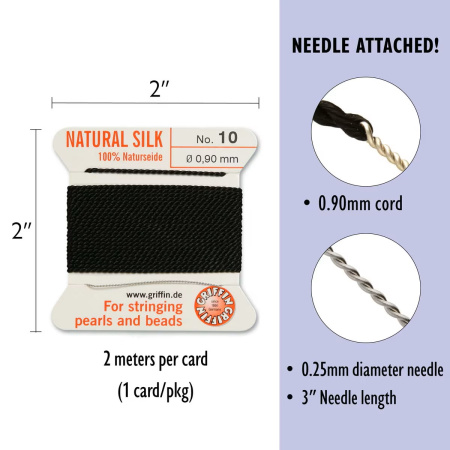 <p>Толстая и прочная нить из высококачественного натурального 100% шелка, произведена компанией Griffin (Германия). К нити прикреплена проволочная иголочка. Идеально подходит для использования с жемчугом и натуральными камнями. Толщина около 0,9 мм. Цена за моток 2 метра.</p>