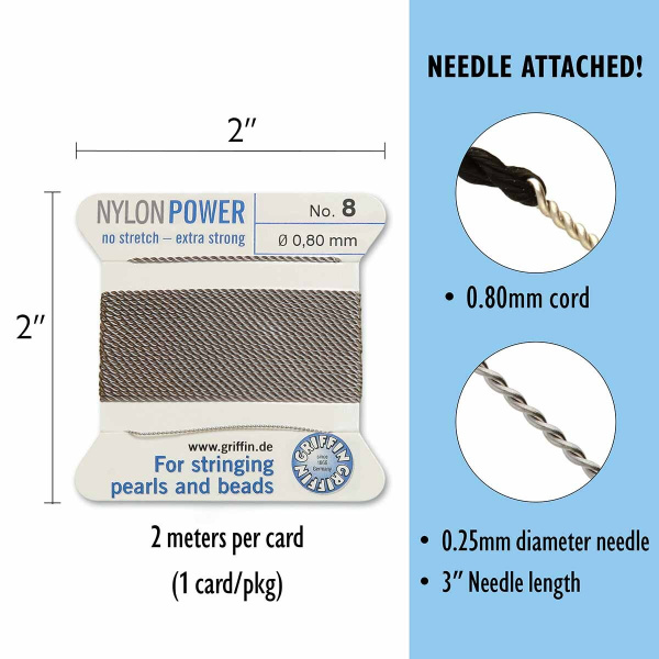 Нить нейлоновая, Griffin Nylon Power No.8 (0.8мм), серая, с иглой, моток, 2 метра <p>
Толстая и прочная нить Nylon Power из высококачественного нейлона, очень крепкая, не растягивается. Произведена компанией Griffin (Германия). К нити прикреплена проволочная иголочка. Идеально подходит для использования с жемчугом и натуральными камнями. Толщина около 0,8 мм. Оттенок может отличаться от фотографии и в разных поставках. Намотка может состоять из нескольких частей. Цена за моток 2 метра.
</p>