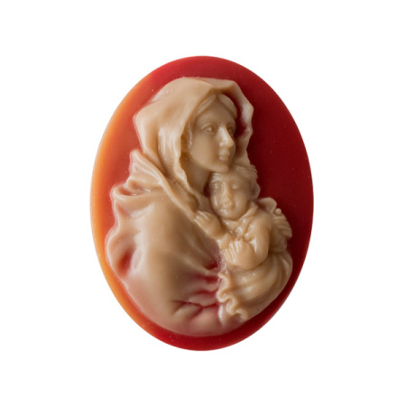 Камея акриловая, 40х30мм, дева Мария с младенцем, перламутр на сердолике, 1 шт. УЦЕНКА