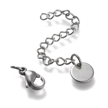 Застежка-карабин 10х6мм с удлиняющей цепочкой, соединительными колечками и круглой декоративной подвеской, базовый материал - нержавеющая сталь, без покрытия, 3 шт.