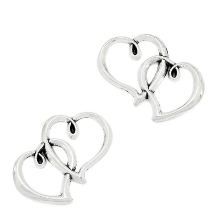 Коннектор, 32х24мм, два сердца, базовый материал - цинковый сплав, стиль тибетское серебро, 5 шт.