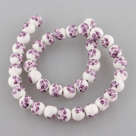 Бусина фарфоровая, 8мм, круглая, белая с фиолетовыми цветами, 13 шт., низка