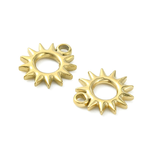 <p>Небольшая двусторонняя подвеска - контур солнышка (сияющее солнышко). Будет отлично смотреться на браслетах, серьгах, кулонах. Дизайн напоминает брендовую фурнитуру Tierra Cast. Подвеска резная, сделана из нержавеющей гипоаллергенной стали марки 304 с позолотой (гальваническое напыление золотом 14К). Оттенок может отличаться от фотографии и в разных поставках. Цена за 1 шт.</p>
