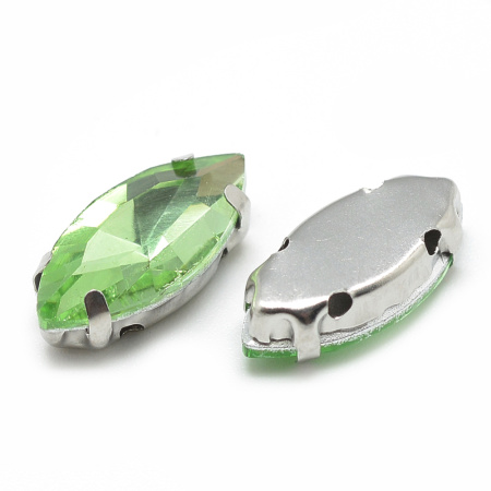 Стразы стеклянные в оправе, 12х6мм, пришивной, форма челнок, светло-зеленый, оправа стального цвета, 5 грамм