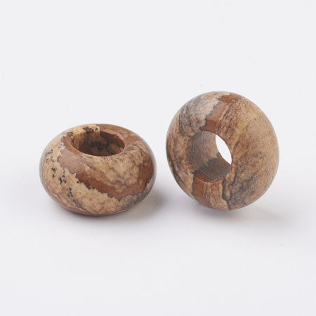 <p>Бусины - рондели с крупным отверстием (абакусы, диски) из натурального камня - песочной пейзажной яшмы. Диаметр отверстия около 6 мм. Эти бусины отлично подходят для браслетов в стиле Пандора, а также для сборки украшений с кожаными шнурами. Бусины могут немного отличаться по форме и размеру. Оттенок может отличаться от фотографии. Цена за 2 бусины.</p>