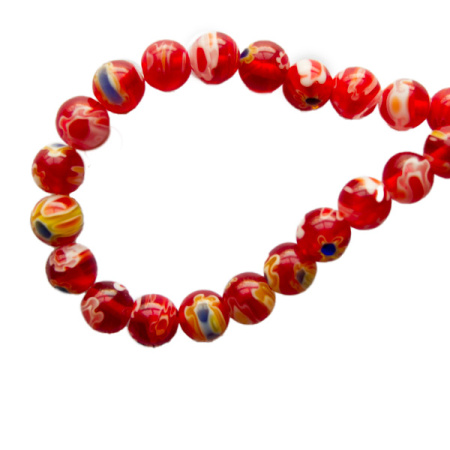 Бусины миллефиори, 6мм, красные с разноцветными цветами, 65 шт., низка