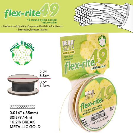 <p>Профессиональный ювелирный тросик Flex-Rite с нейлоновым покрытием. 49-жильный тросик премиум-класса. Цвет золотой, матовый. Оттенок может немного отличаться от фотографии и в разных поставках. Цена за катушку 30 футов (9.1 метра).</p>