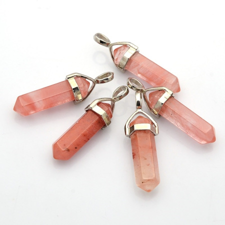 Подвеска каменная, 40х13х11мм, в форме кристалла, базовый материал - камень, арбузный кварц (имитация) с держателем стального цвета, 1 шт. УЦЕНКА