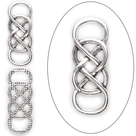 <p>Коннектор (соединительный элемент) - двойная бесконечность. Можно также носить как кулон или подвеску. Коннектор односторонний, слегка выгнутый: отлично подойдет для создания браслета. Стиль "тибетское серебро". Цена за 1 шт.</p>
