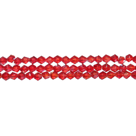 Бусины стеклянные, 4-5мм, граненые, биконусы, красные с радужным покрытием, 78 шт., низка