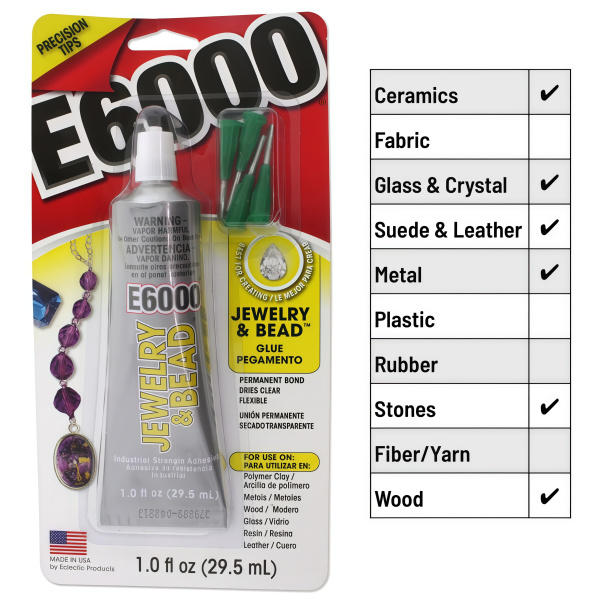 <p>
 Клей Е6000 Jewelry & Bead создан специально для ювелирных украшений и бижутерии. Клей оригинальный, произведен в США. Клей довольно густой, прозрачный. В комплекте, в зависимости от поставки, либо 4 насадки с тонкими носиками для более удобной работы, либо 3 насадки с тонкими носиками и 1 заглушка. Цвет насадок может отличаться от фотографии. Произведен в США. Цена за 1 тюбик 29.5 мл (1 fl. oz.).
</p><p>ВНИМАНИЕ: в разных поставках дизайн тюбика и насадок может быть разным (состав клея не отличается, разница только в упаковке).</p>