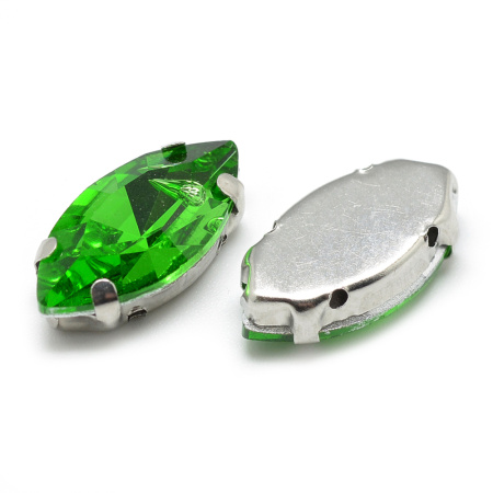 Стразы стеклянные в оправе, 12х6мм, пришивной, форма челнок, зеленый, оправа стального цвета, 5 грамм