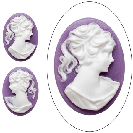Камея акриловая, 25х18мм, девушка, белая на фиолетовом, набор (2 шт.)
