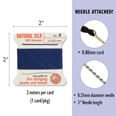 <p>Толстая и прочная нить из высококачественного натурального 100% шелка, произведена компанией Griffin (Германия). К нити прикреплена проволочная иголочка. Идеально подходит для использования с жемчугом и натуральными камнями. Толщина около 0,8 мм. Цена за моток 2 метра.</p>