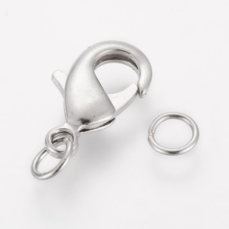 Застежка, 15х9мм, карабин с соединительными колечками, базовый материал - латунь, стального цвета, 2 шт.