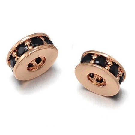 Бусина металлическая, 7х3мм, Milano, Рондель, с крупным отверстием, с черными фианитами, базовый материал - латунь, под розовое золото, 1 шт.