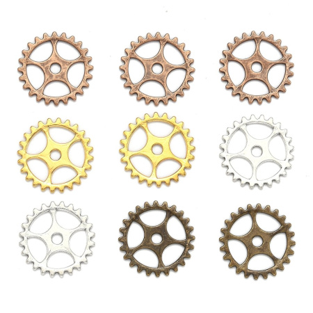 <p>Набор декоративных элементов - шестеренок из металлического сплава. Эти шестеренки могут также использоваться как подвески или соединительные элементы. Отлично подойдут для украшений в стиле стимпанк (steampunk). Возможные цвета: золото, бронза, медь, тибетское серебро. Оттенок может отличаться от фотографии и в разных поставках. Цена за 20 шестерёнок случайного цвета.</p>