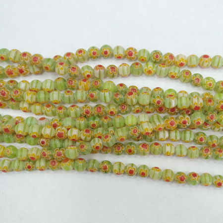 Бусины миллефиори, 6мм, светло-салатовые с красно-желтыми цветами, 65 шт., низка