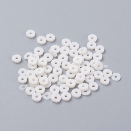 <p>Плоские круглые бусины - чипсы (диски, рондели heishi) ручной работы из полимерной глины (пластики). Бусины могут немного отличаться по форме и размеру. Оттенок может отличаться от фотографии. Цвет: светлый бледно розовый, почти белый. Бусины довольно мягкие, гибкие, напоминают каучук. Цена за низку длиной около 43 см, около 350-400 бусин.</p>