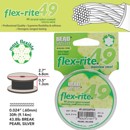 <p>Профессиональный ювелирный тросик Flex-Rite с нейлоновым покрытием. 49-жильный тросик премиум-класса. Цвет светло-серебристый, матовый. Цена за катушку 30 футов (9.1 метра).</p>