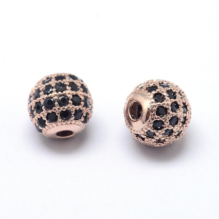 Бусина металлическая, 8мм, Milano, Шарик, с черными фианитами, базовый материал - латунь, под розовое золото, 1 шт.