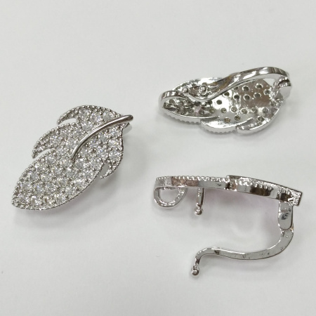 Застежка, 23х12мм, Milano, защелкивающаяся, Перо с фианитами, базовый материал - латунь, под родий, 1 шт.