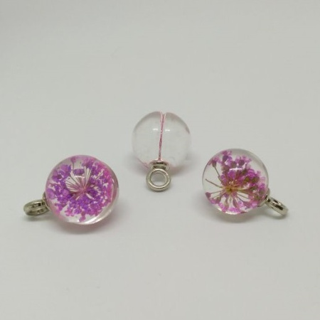 Подвеска, 22х15мм, стеклянная сфера с сиренево-розовым цветком, базовый материал - стекло, 2 шт.