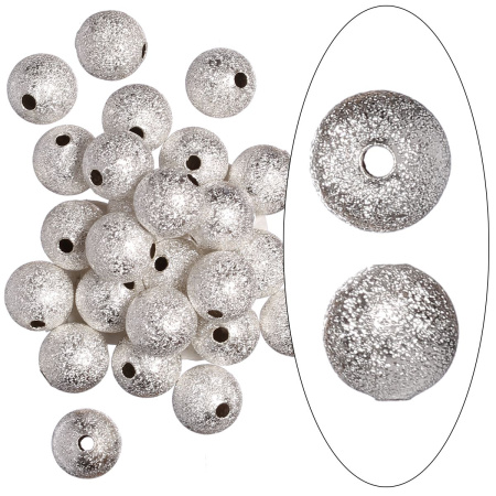<p>Латунная бусина с покрытием звездная пыль (stardust) серебристого цвета. Также такие бусины называют "сахарный шарик" или "бусина с сахарным покрытием". Диаметр отверстия - около 1.3 мм. Оттенок может отличаться от фотографии и в разных поставках. Цена за 10 шт.</p>

<p>УЦЕНКА: наплывы металла, пятна, матовый либо желтоватый налёт на покрытии, вмятины и прочие неровности; отверстия бусины могут быть сделаны неаккуратно.</p>