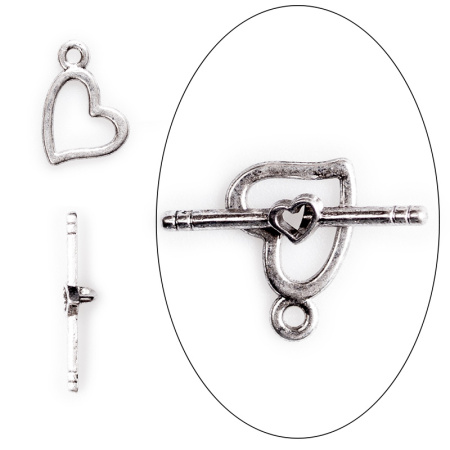 Застежка, 20х13мм, тогл, сердце, базовый материал - оловянный сплав, стиль тибетское серебро, 1 шт.