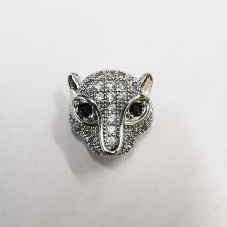 Бусина металлическая, 11х11х6.5мм, Milano, Леопард с черными глазами, с фианитами, базовый материал - латунь, под родий, 1 шт.
