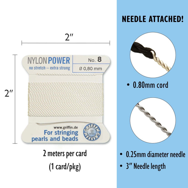 Нить нейлоновая, Griffin Nylon Power No.8 (0.8мм), белая, с иглой, моток, 2 метра <p>
Толстая и прочная нить Nylon Power из высококачественного нейлона, очень крепкая, не растягивается. Произведена компанией Griffin (Германия). К нити прикреплена проволочная иголочка. Идеально подходит для использования с жемчугом и натуральными камнями. Толщина около 0,8 мм. Оттенок может отличаться от фотографии и в разных поставках. Намотка может состоять из нескольких частей. Цена за моток 2 метра.
</p>