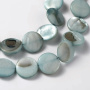 <p>Круглые бусины-пластинки из натурального тонированного перламутра приглушённого зеленовато-сине-голубого цвета. На бусинах есть темные пятна, возможны щербинки естественного происхождения. Бусины могут немного отличаться по форме и размеру. Оттенок может отличаться от фотографии и от партии к партии. Цена за 1 низку длиной около 36 см (примерно 25 бусин, низки формируются без проверки каждой бусины на дефекты).</p>