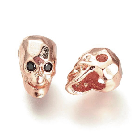 Бусина металлическая, 12х9х7.5мм, Milano, Череп граненый с черными фианитами, базовый материал - латунь, под розовое золото, 1 шт.
