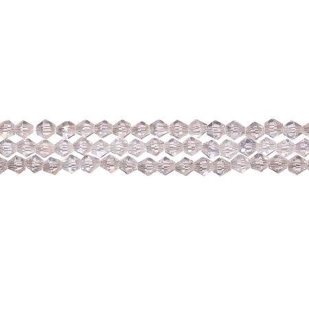Бусины стеклянные, 4-5мм, граненые, биконусы, кристально-прозрачные с радужно-перламутровым покрытием, 75-95 шт., низка