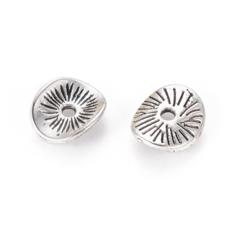 Бусина металлическая, 9.5х8.5х2мм, изогнутый диск с бороздками, базовый материал - цинковый сплав, стиль тибетское серебро, 10 грамм