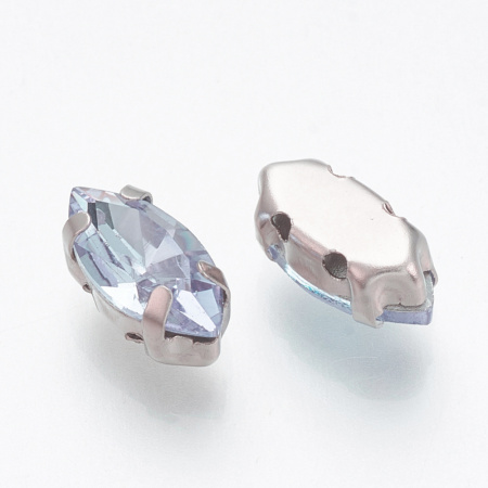 Стразы стеклянные в оправе, 12х6мм, пришивной, форма челнок, сиренево-голубой, оправа стального цвета, 5 грамм