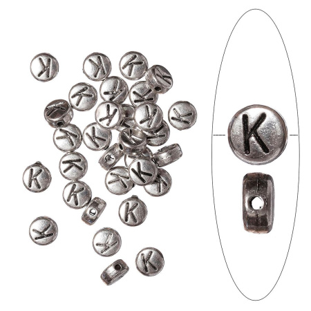 Бусина металлическая, 7х4мм, буква K, базовый материал - цинковый сплав, серебристая с чернением, 10 шт.