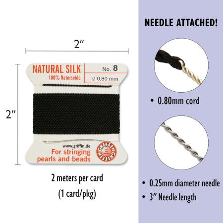 <p>Толстая и прочная нить из высококачественного натурального 100% шелка, произведена компанией Griffin (Германия). К нити прикреплена проволочная иголочка. Идеально подходит для использования с жемчугом и натуральными камнями. Толщина около 0,8 мм. Оттенок может отличаться от фотографии и в разных поставках. Цена за моток 2 метра.</p>