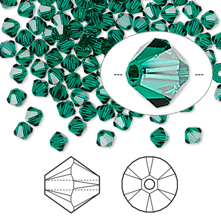 Бусина Swarovski, 4мм, Биконус (#5328), изумрудный (цвет 205), 10 шт.