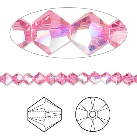 Бусина Swarovski, 4мм, Биконус (#5328), розовый с AB (цвет 209AB), 10 шт.