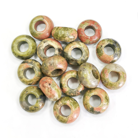 Бусина каменная, унакит, 14х8мм, рондель, с большим отверстием, 2 шт.