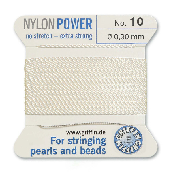 Нить нейлоновая, Griffin Nylon Power No.10 (0.9мм), белая, с иглой, моток, 2 метра <p>
Толстая и прочная нить Nylon Power из высококачественного нейлона, очень крепкая, не растягивается. Произведена компанией Griffin (Германия). К нити прикреплена проволочная иголочка. Идеально подходит для использования с жемчугом и натуральными камнями. Толщина около 0,9 мм. Оттенок может отличаться от фотографии и в разных поставках. Намотка может состоять из нескольких частей. Цена за моток 2 метра.
</p>