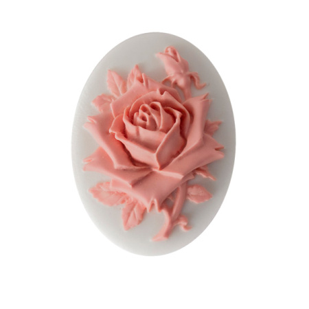 Камея акриловая, 40х30мм, роза, розовая на белом, 1 шт., УЦЕНКА