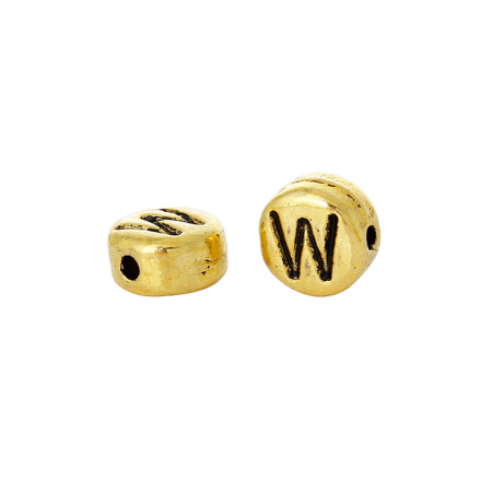 Бусина металлическая, 7х4мм, буква W, базовый материал - цинковый сплав, золотистая с чернением, 15 шт.