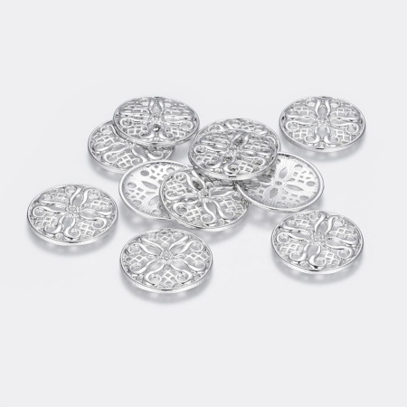 <p>Серебристый ажурный круг с восточным орнаментом. Декоративный элемент напоминает монгольский орнамент «Дугуй хээ» – знак Солнца. Можно использовать как коннектор (соединительный элемент) или подвеску. Оттенок может отличаться от фотографии. Цена за 5 шт.</p>