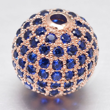 Бусина металлическая, 8мм, Milano, Шарик, с синими фианитами, базовый материал - латунь, под розовое золото, 1 шт.
