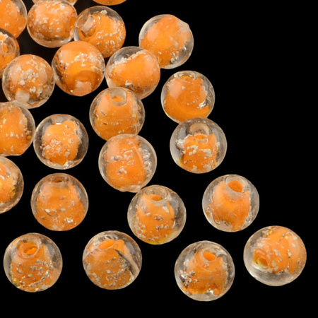 Бусина лэмпворк, 10мм, прозрачная с оранжевой сердцевиной и белыми крапинками, светящаяся в темноте, 1 шт.